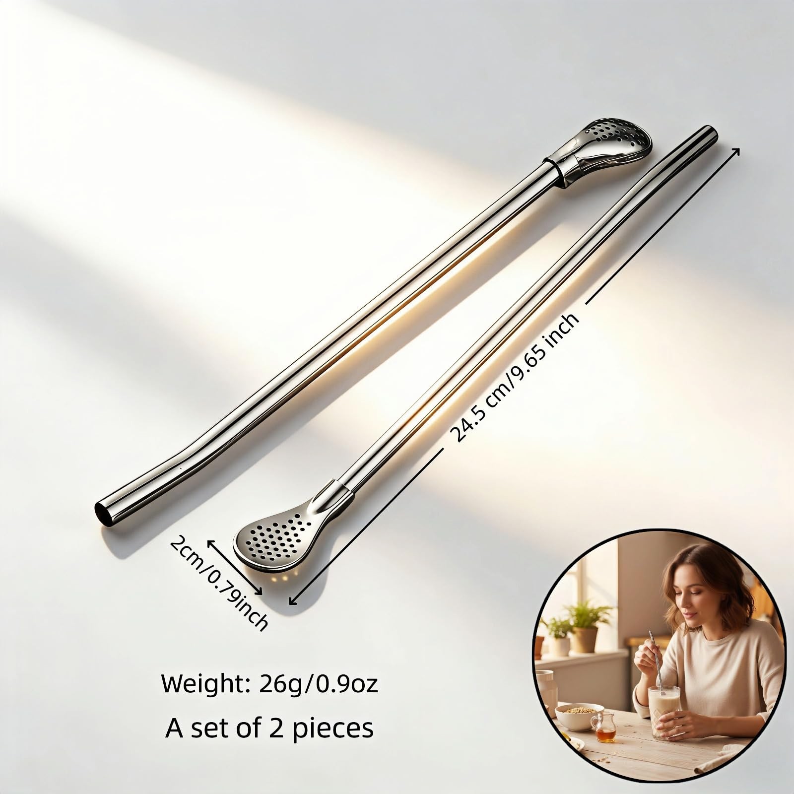 Stainless Steel Filter Straw Spoon, 2-in-1 Reusable Metal 9.65 Inches, Silver