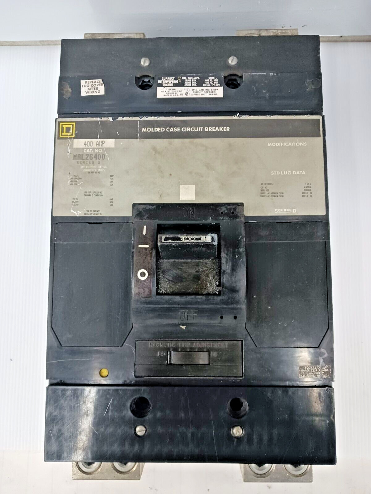 SQUARE D 400 AMP MOLDED CASE CIRCUIT BREAKER 2 POLE 600 VAC MAL26400