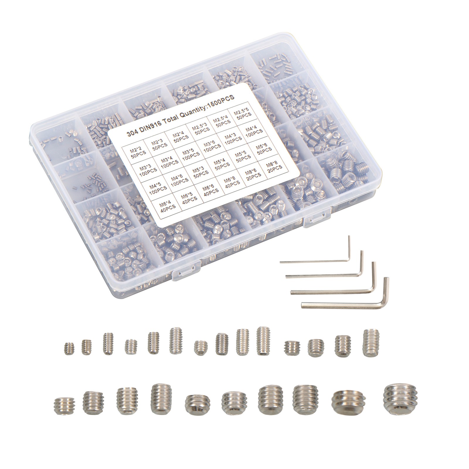 1500PCS Fully Threaded Hex Socket Set Screw Assortment Kit 304 Hex Socket Set