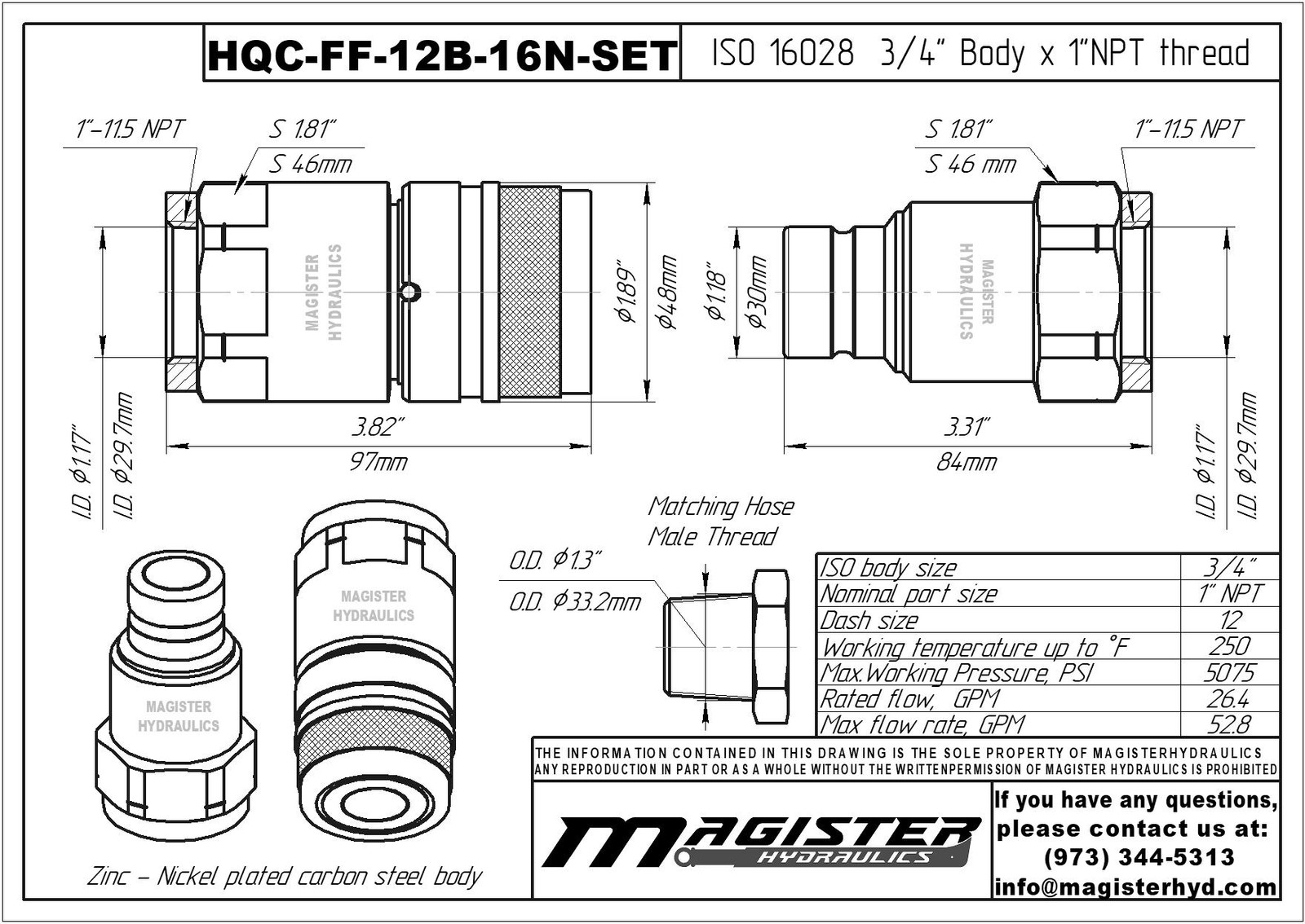 3/4″ Flat Face Hydraulic Quick Couplers Set – 1″ NPT Thread