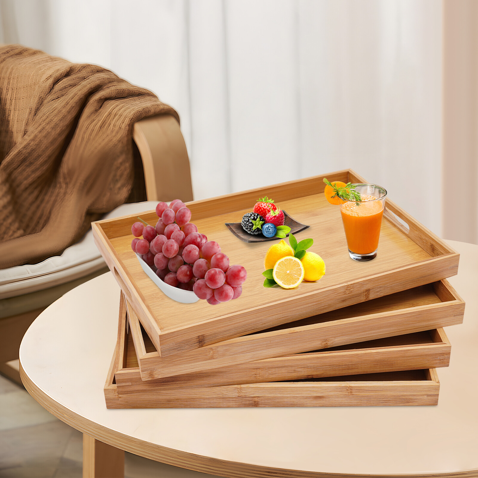 Bamboo Serving Trays 4-Piece Set Rectangular 18.1 × 13 × 1.4 In Log Color