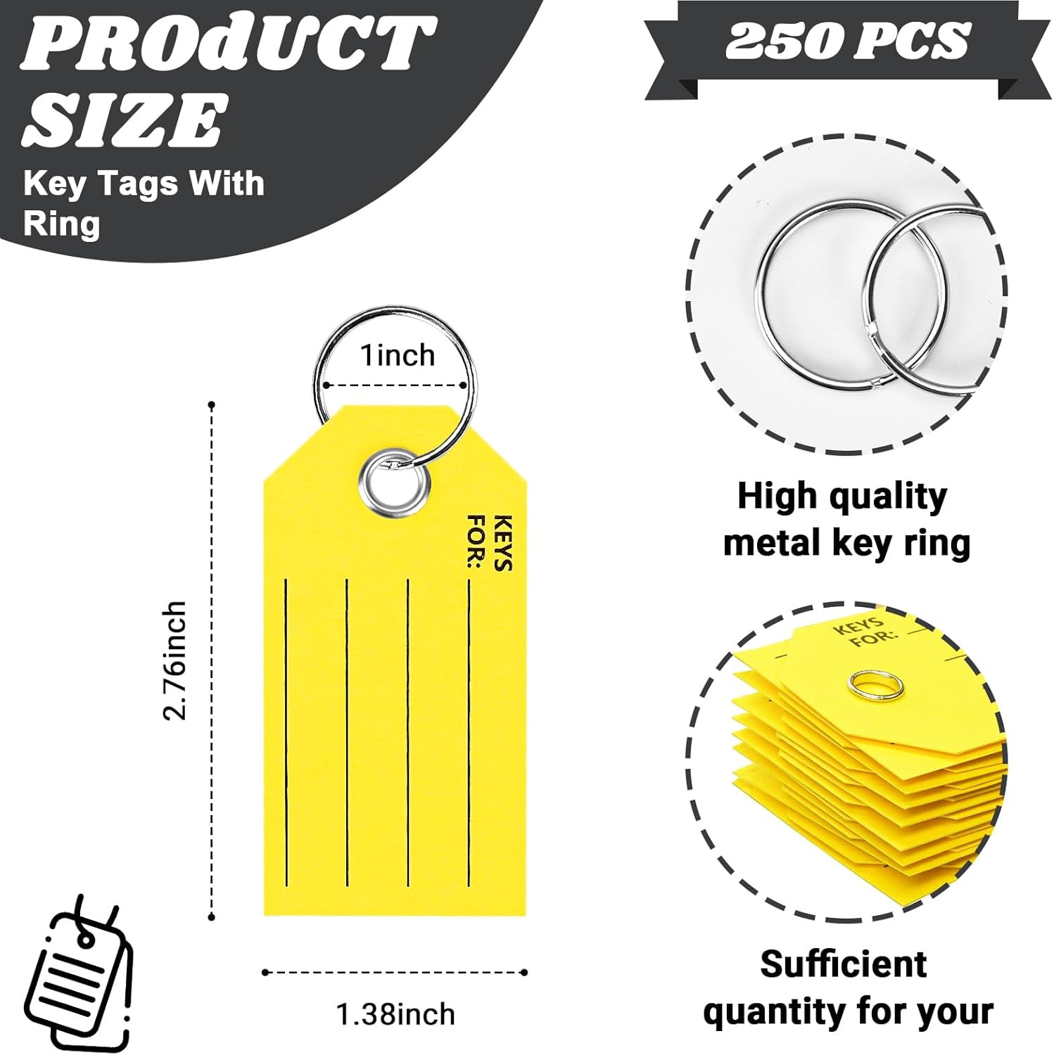 250 Pcs Yellow Key Tags with Labels and Rings: 1.38 X 2.76 Inches, 250 Labels, C