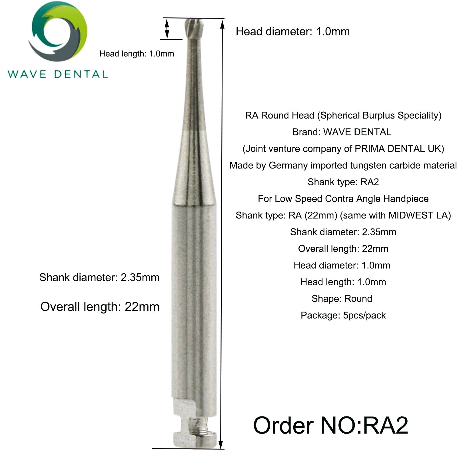 US WAVE Dental Burs Round Latch RA 2.35mm COXO Low Speed Contra Angle Handpiece
