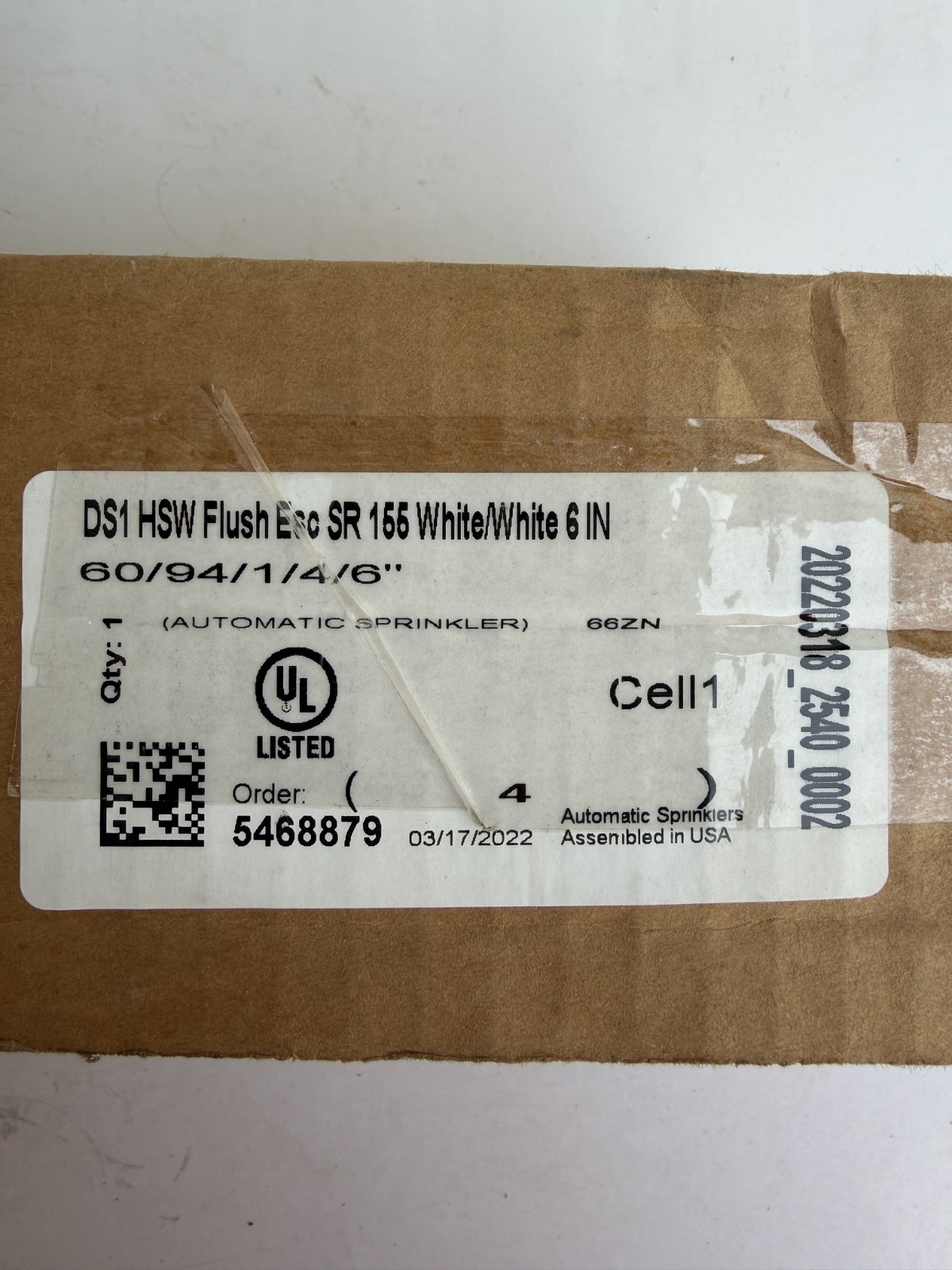 Tyco 6″ DS1 HSW Flush Esc SR 155 White/White 60/94/1/4/6″ UL NEW