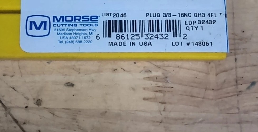 3/8-16 GH3 HIGH SPEED STEEL 4 FLUTE PLUG TAP ***Made in USA*** 32432 Morse