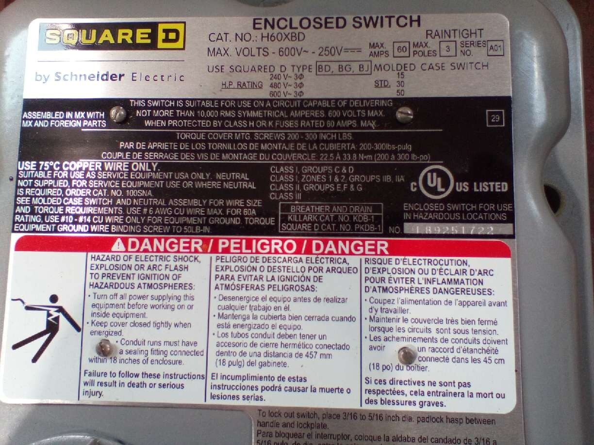 Square D H60XBD Nema 7+9 Enclosed Switch