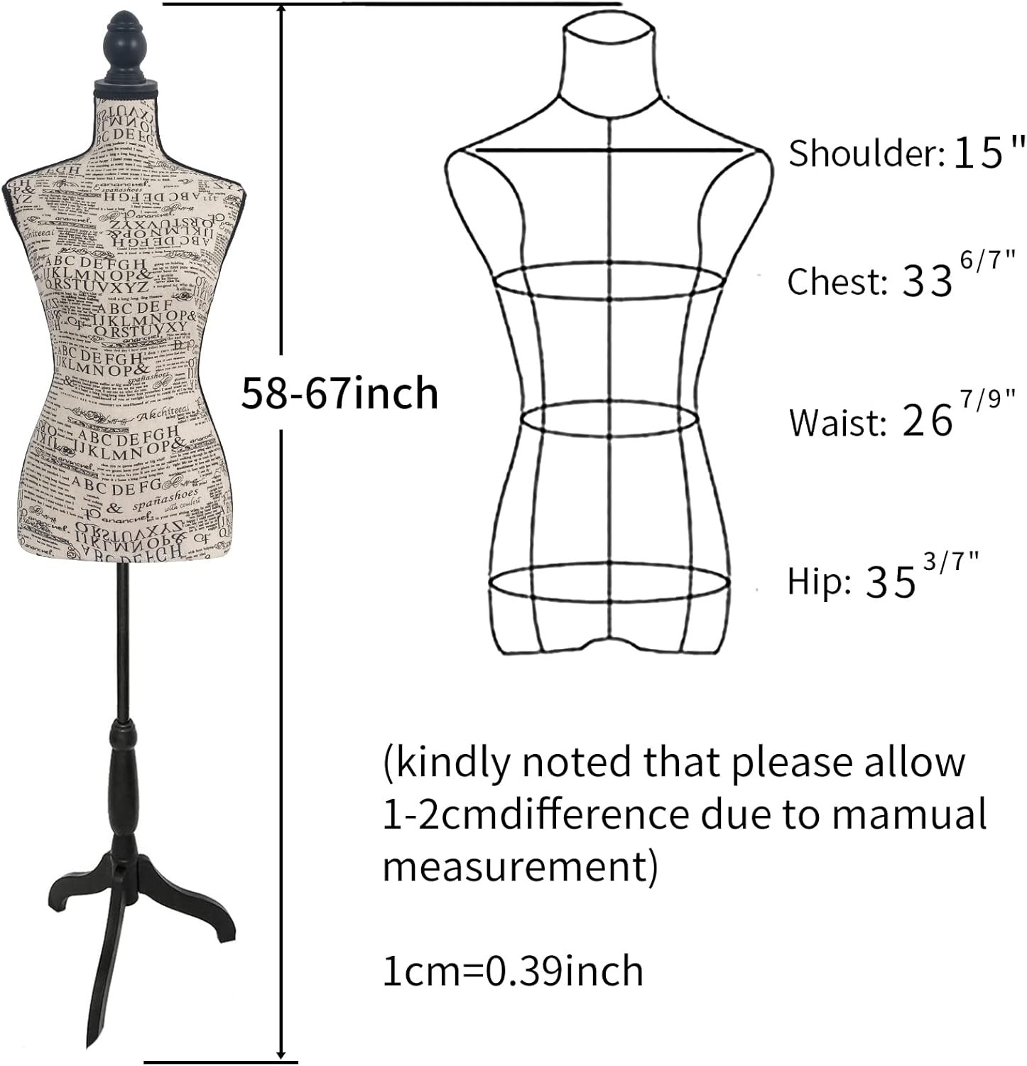 Fabric Female Mannequin Body,Dress Form Sewing with Adjustable Tripod Stand
