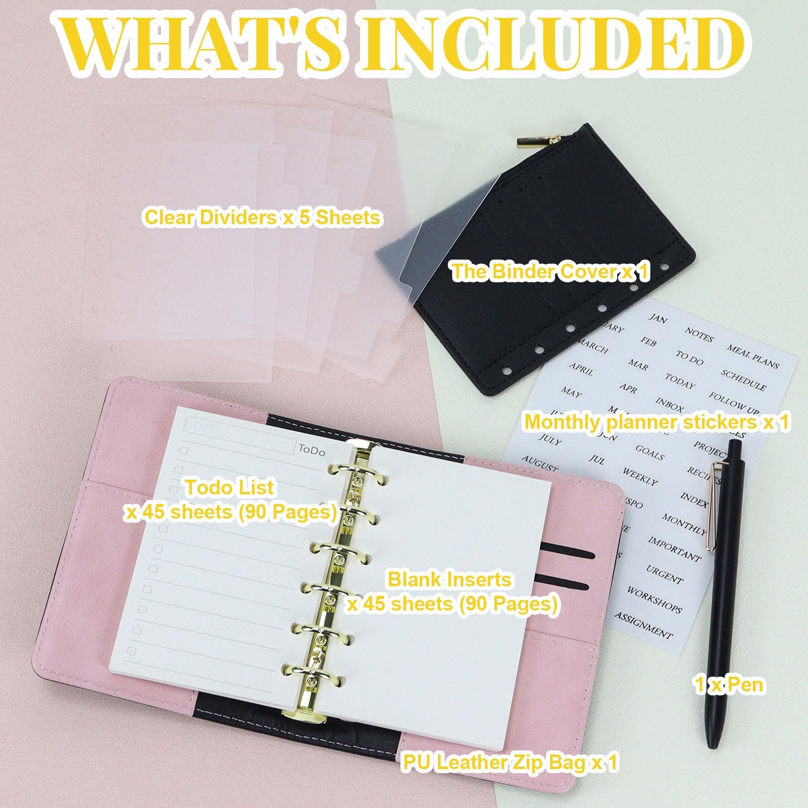 A7 Refillable Planner Small Binder Notebook 6 Ring PU Leather Organizer Zipper