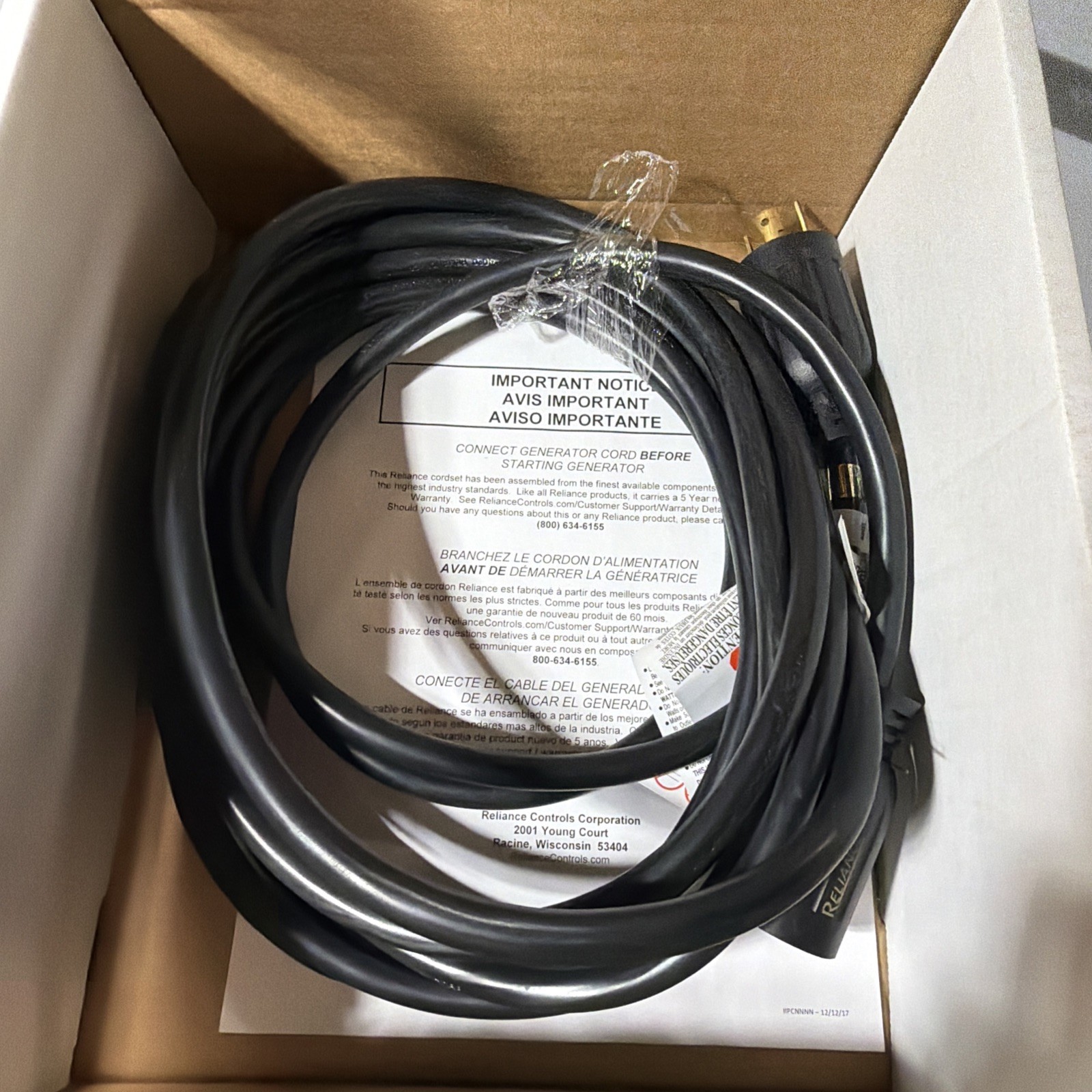 RELIANCE CONTROLS PC2020M CORD SET 12-4/20 FT. 20A-L14-20 MANUAL TRANSFER SWITCH