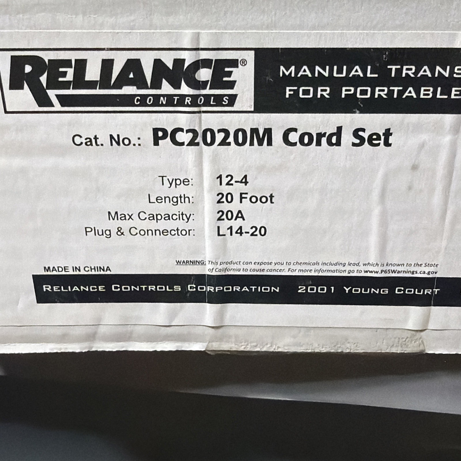 RELIANCE CONTROLS PC2020M CORD SET 12-4/20 FT. 20A-L14-20 MANUAL TRANSFER SWITCH