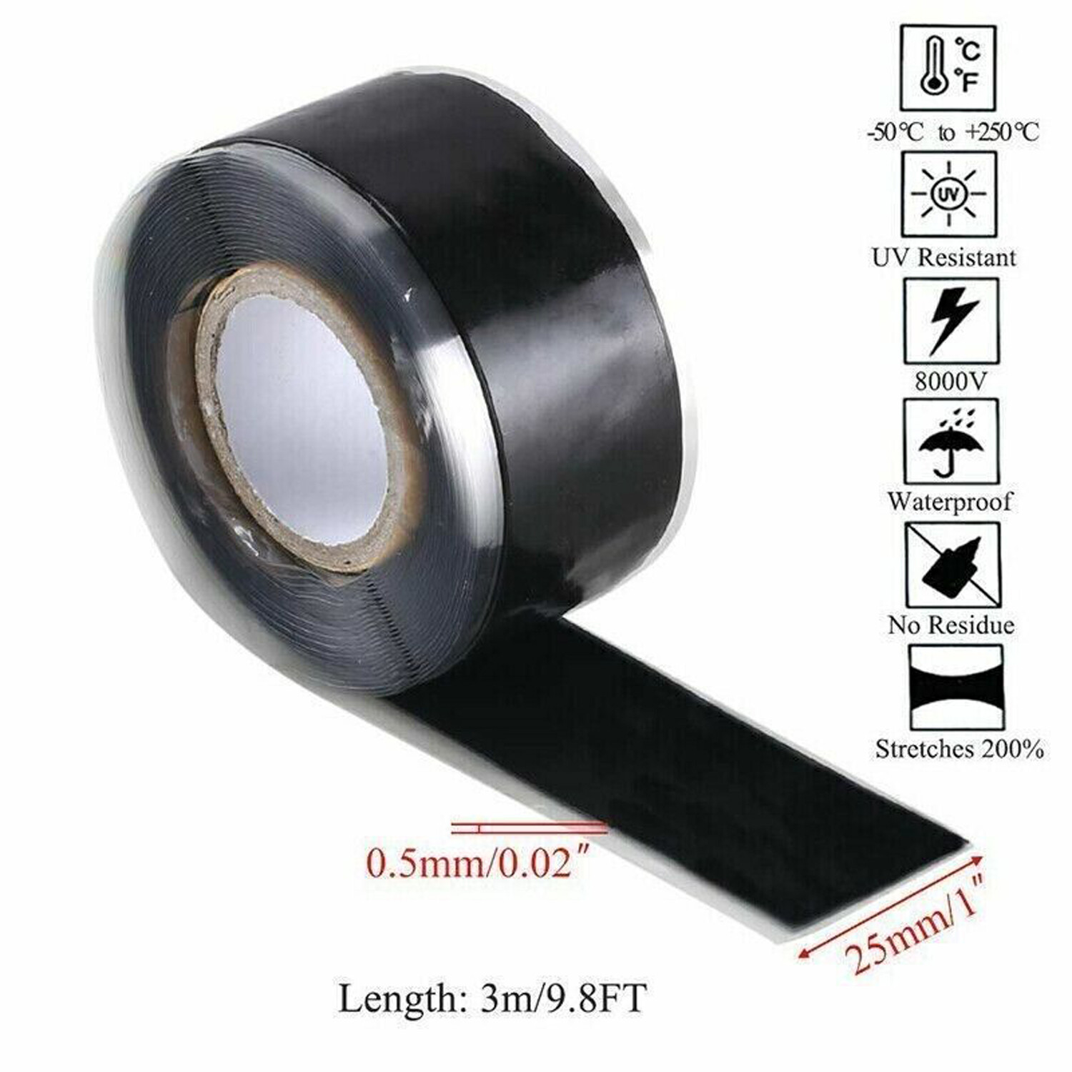 4pcs Black Rubber Silicone Repair Waterproof Adhesive Tape Rescue Self Fusing