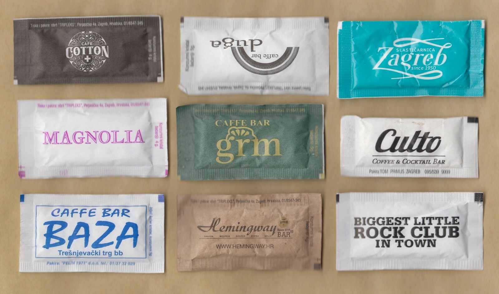 Set of 9 Different Unused Coffee & Tea Sugar Packets Bags from ZAGREB, Croatia