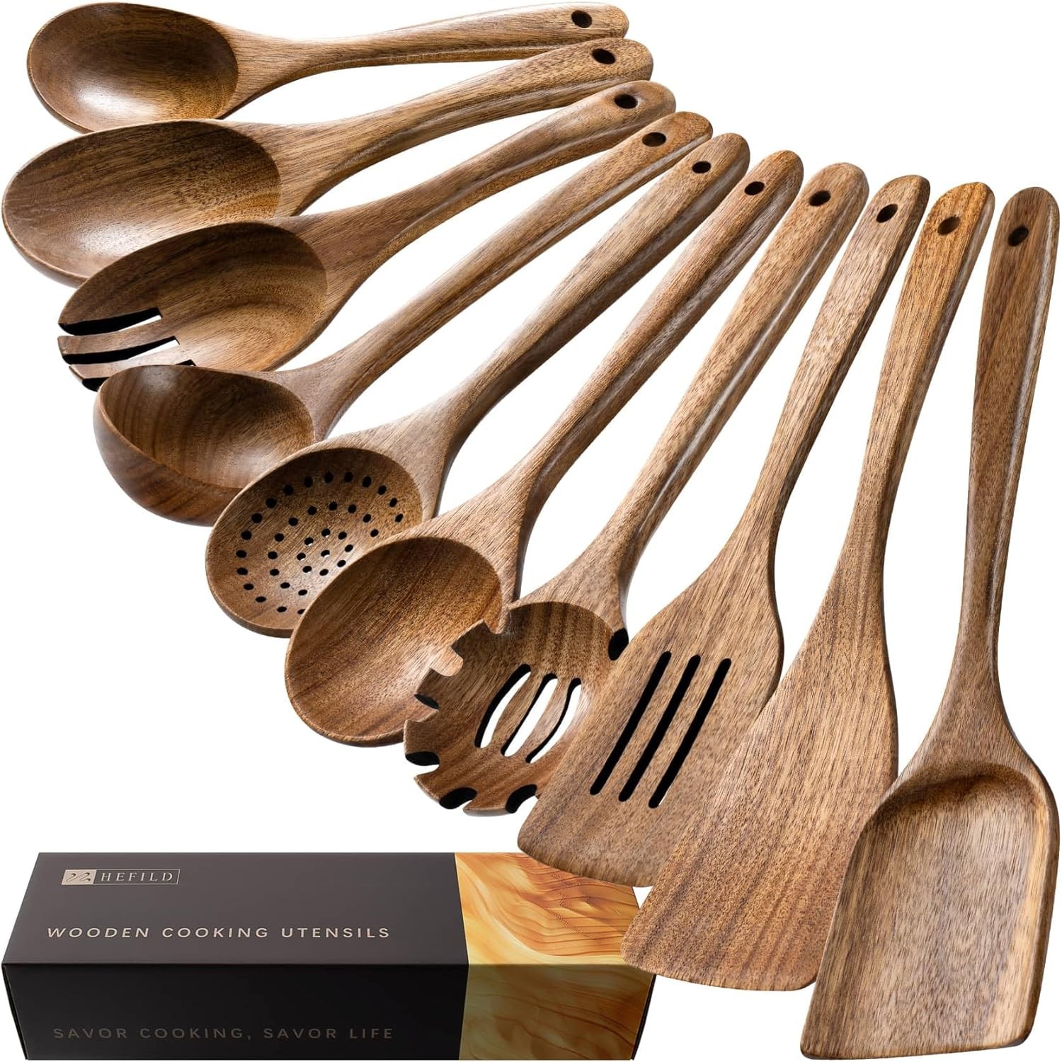 10 Pack Acacia Wooden Cooking Utensils Nonstick Safe Spoons & Spatulas Set