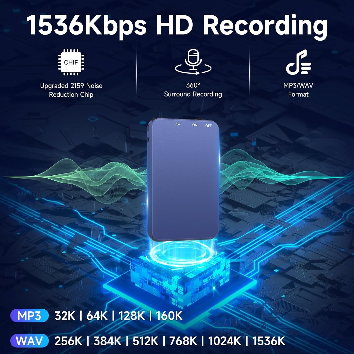 Voice Recorder 64GB 1536Kbps Sound Quality Voice Activated 35H Recording