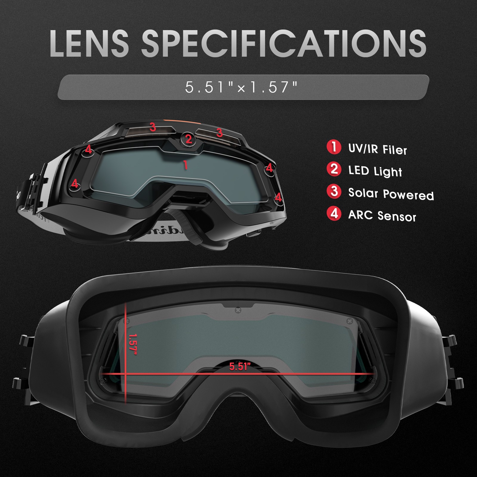 Auto Darkening Welding Goggles with LED Light & Type-C Charging, 4 Arc Sensors