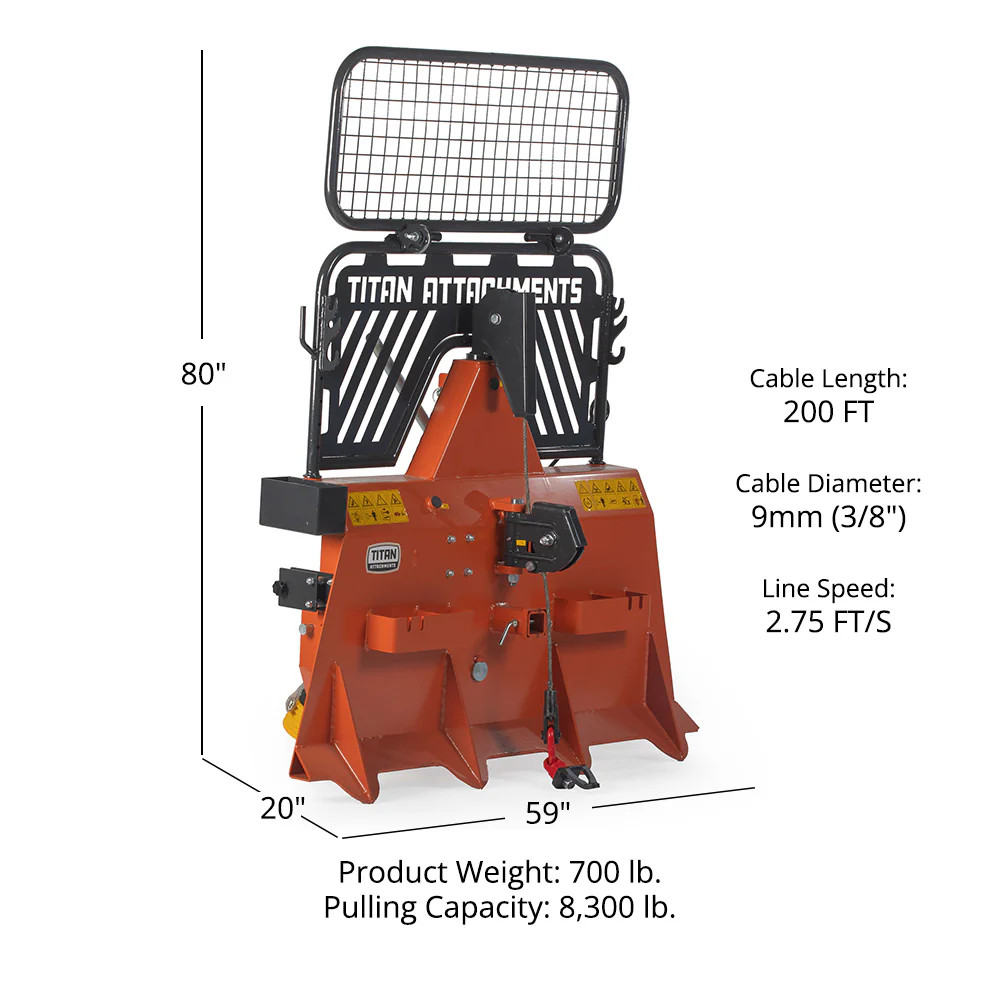 Titan Attachments 3 Point 4 Ton Skidding Winch for Cat 1 Tractors Rated 30-50 HP