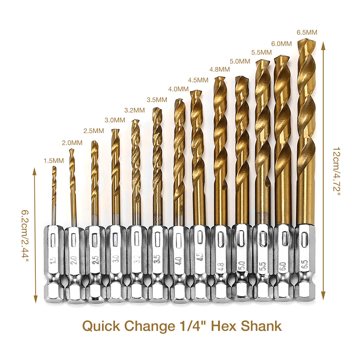 13pcs 1/4» Hex Shank Titanium Coated HSS Steel DRILL BIT Set Metal Wood Plastic