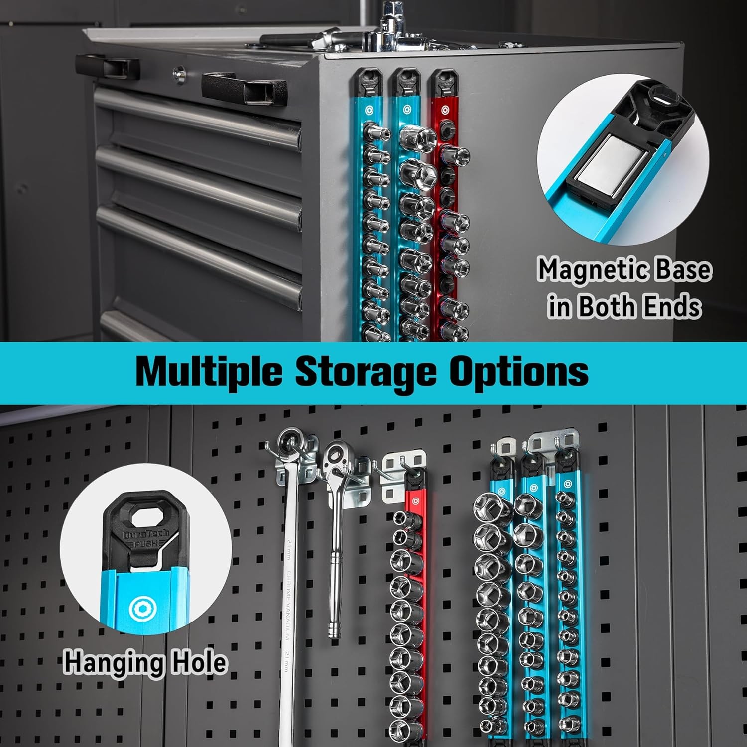 DURATECH 6PCS Magnetic Socket Organizers Set 1/4″ 3/8″ 1/2″ Aluminum Rail Holder