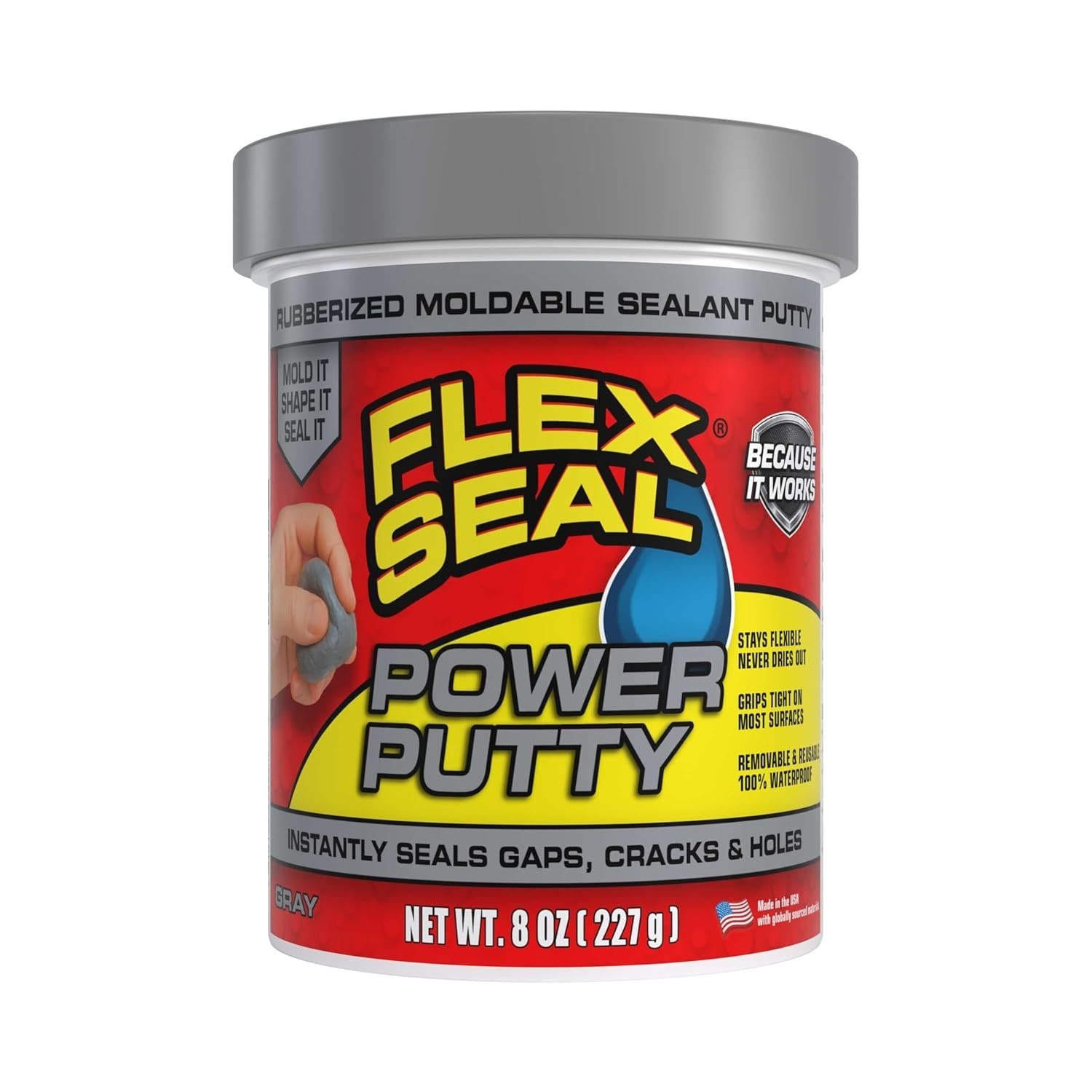 Flex Seal Power Putty, Moldable Waterproof Rubberized Sealant, 8 oz, Gray