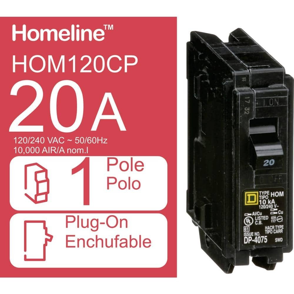 Homeline 20 Amp One-Pole Circuit Breaker HOM120CP, Square D Breakers 120/240 VAC
