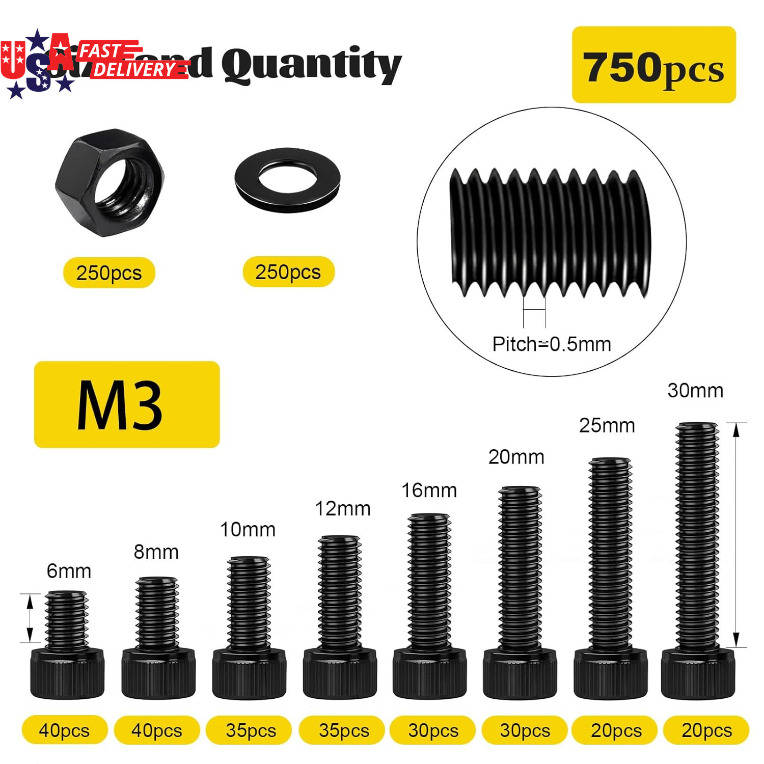 750PCS M3 Screws Assortment Kit, M3X6/8/10/12/16/20/25/30 Mm Hex Socket Head Bol