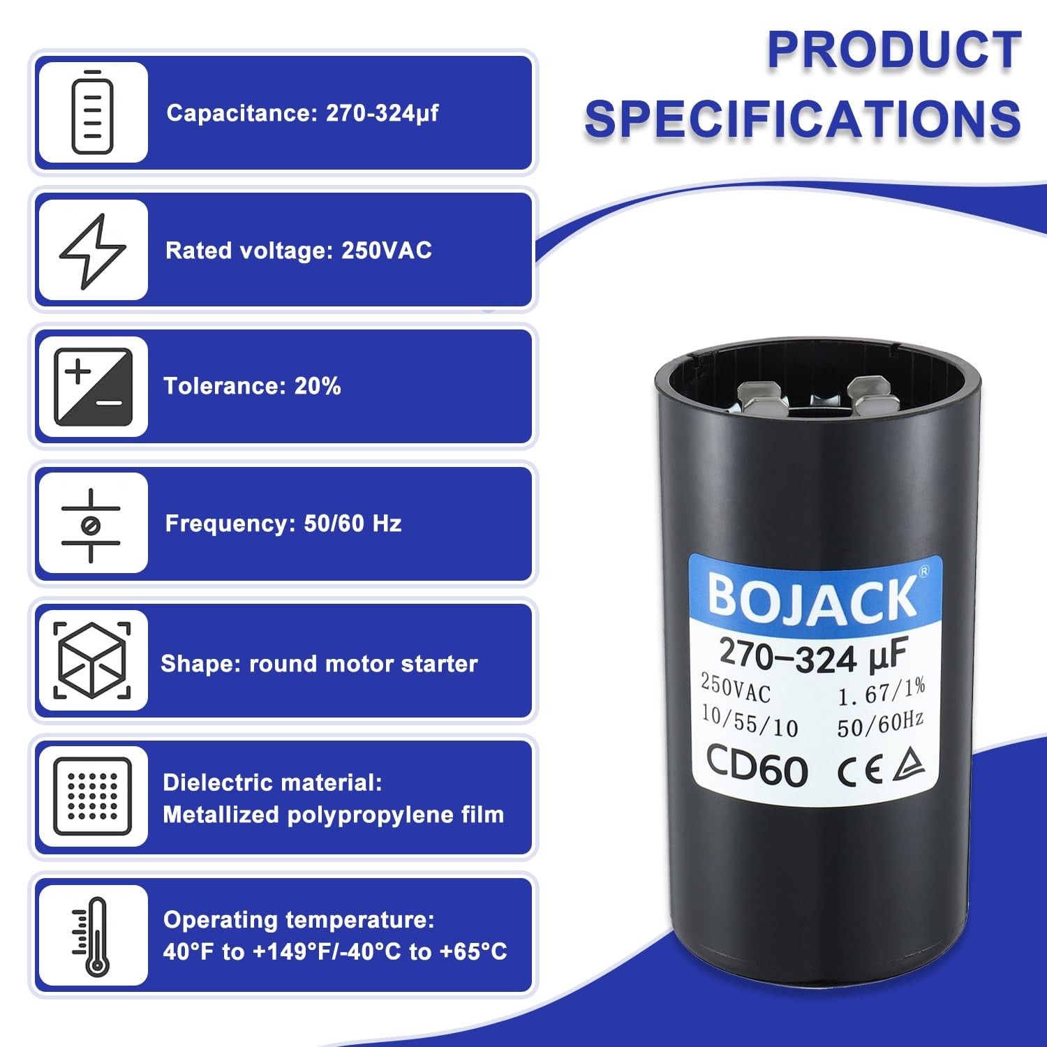 BOJACK 270-324 uF/MFD 250 VAC 50/60 Hz Universal Round Start Capacitor Electr…