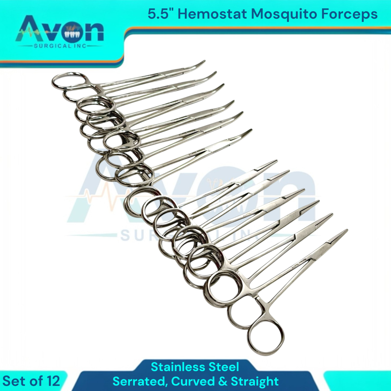 5.5in Hemostat Locking Mosquito Forceps Clamps | Cur+Str, Serrated | 12pc Lot