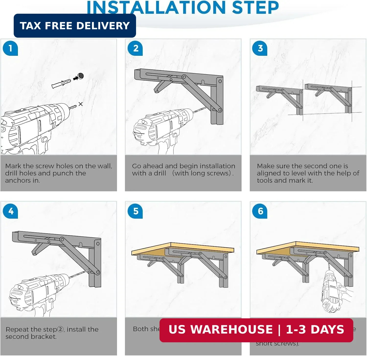 6 Inch Folding Shelf Brackets, 2 Pack (1 Pairs) Heavy Duty Metal Collapsible Wal