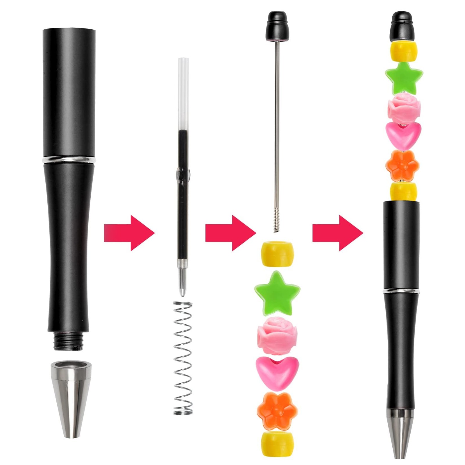 50 PCS Beadable Pens Plastic Bead, Black Ink Ballpoint DIY Multicolor Gift