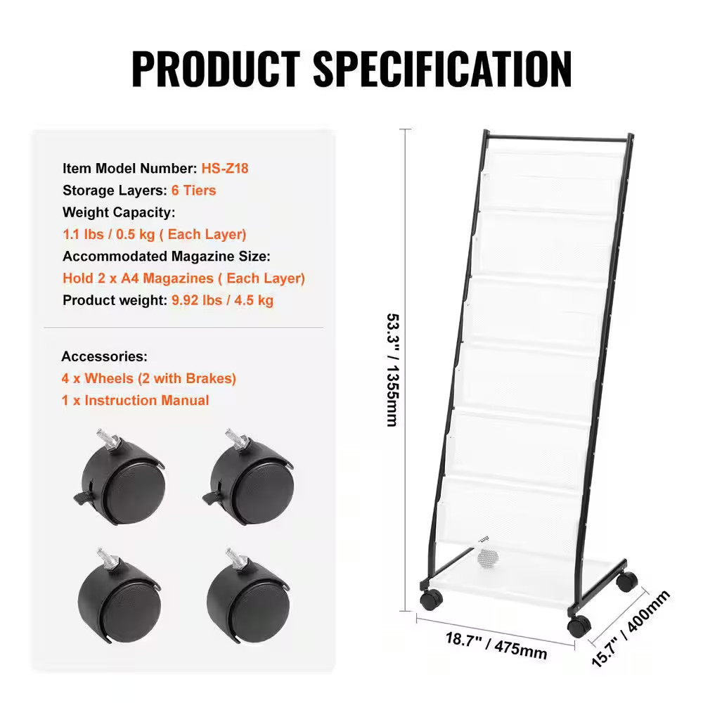 Brochure Display Rack, 6-Tier Magazine Display Stand, White 18.7 In. W X 53.3 In