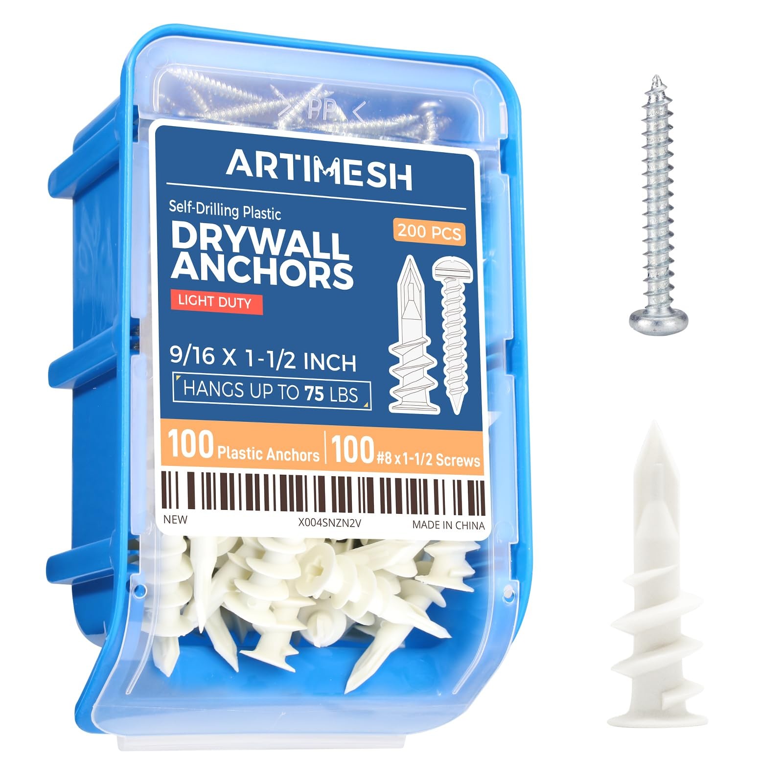 200PCs Self Drilling Drywall Anchors Kit – 75LB Heavy Duty Plastic Drywall Ha…