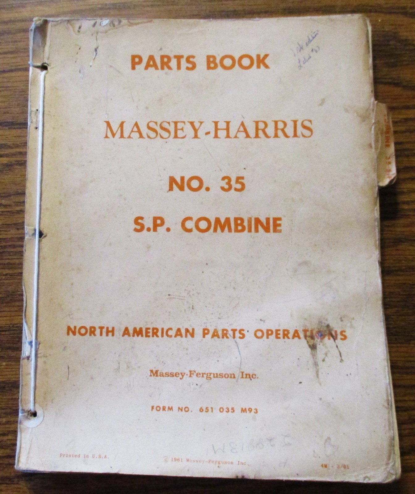 Massey Harris 35 S.P. Combine Parts Catalog Manual Book 1961 ORIGINAL ferguson