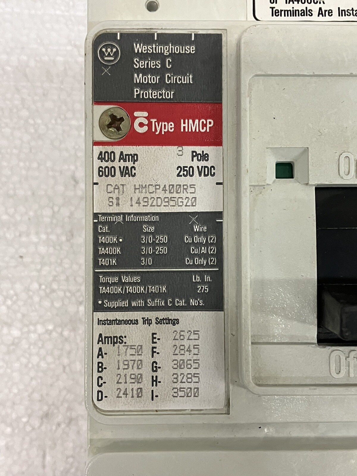 Westinghouse HMCP400R5 Circuit Breaker 400A 3 Pole 600VAC