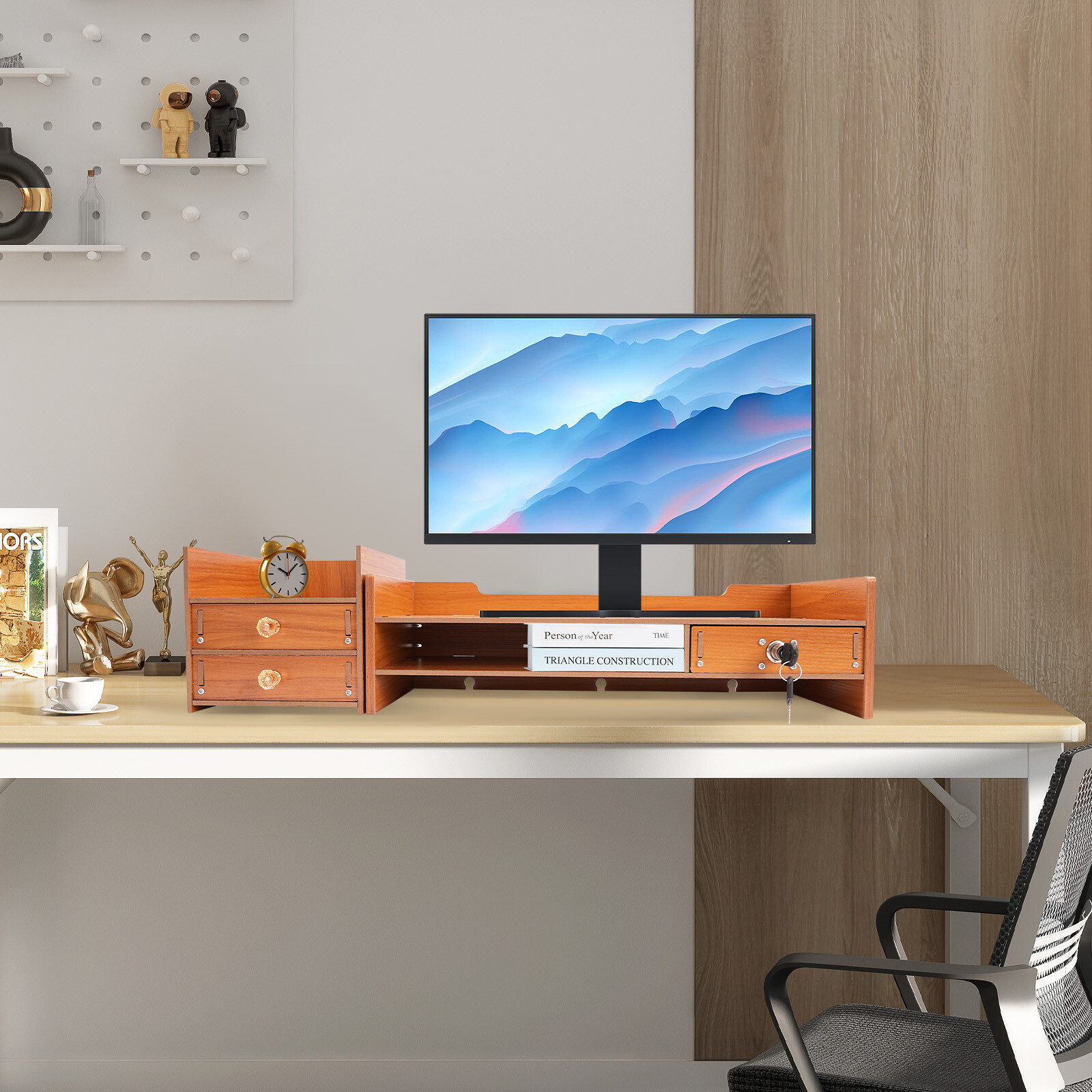 Computer Monitor Stand With Lockable Drawer & Phone Holder For Home Office