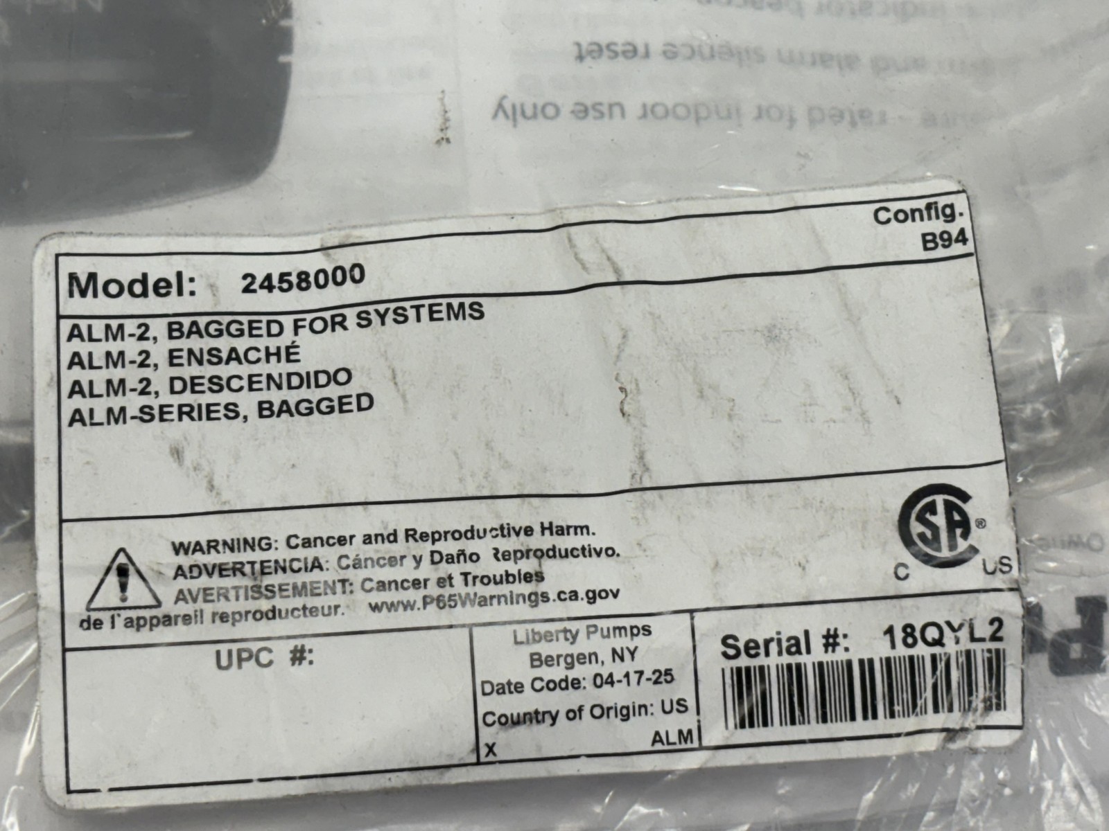 Liberty Pumps ALM-Series Pump Alarm Model 2458000 12VDC Alarm System USA NEW