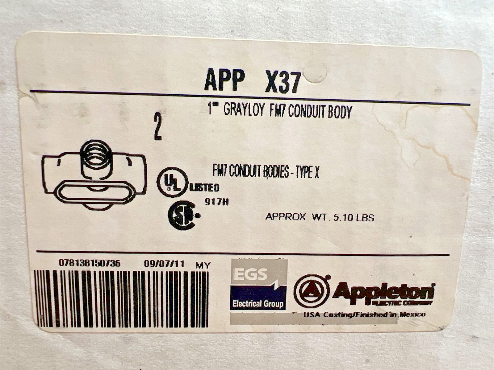 Appleton APPX37 (Box of 2) – 1 ” Type X Conduit Body Grayloy Iron *NEW IN BOX*