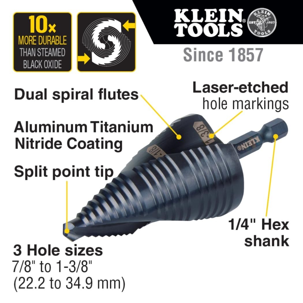 Klein Tools QRST15 Step Drill Bit 7/8 to 1-3/8-Inch Hex Shank