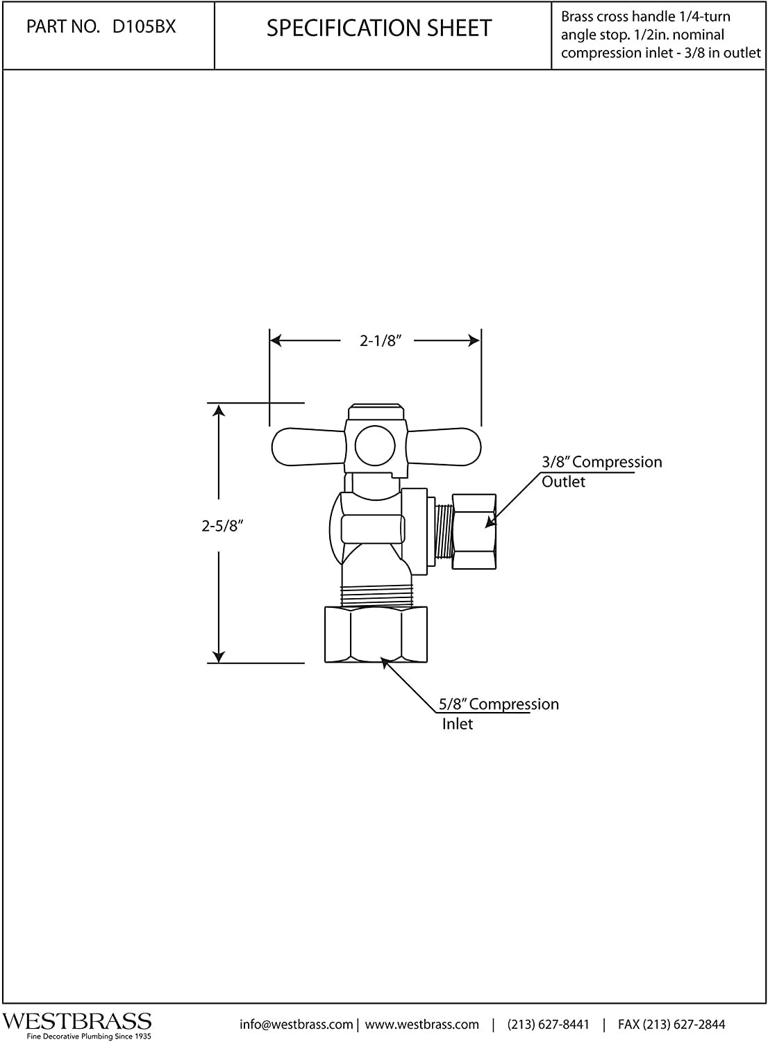 Westbrass D105Bx-05 1/4-Turn Cross Handle Angle Stop Shut Off Valve 5/8 Od X