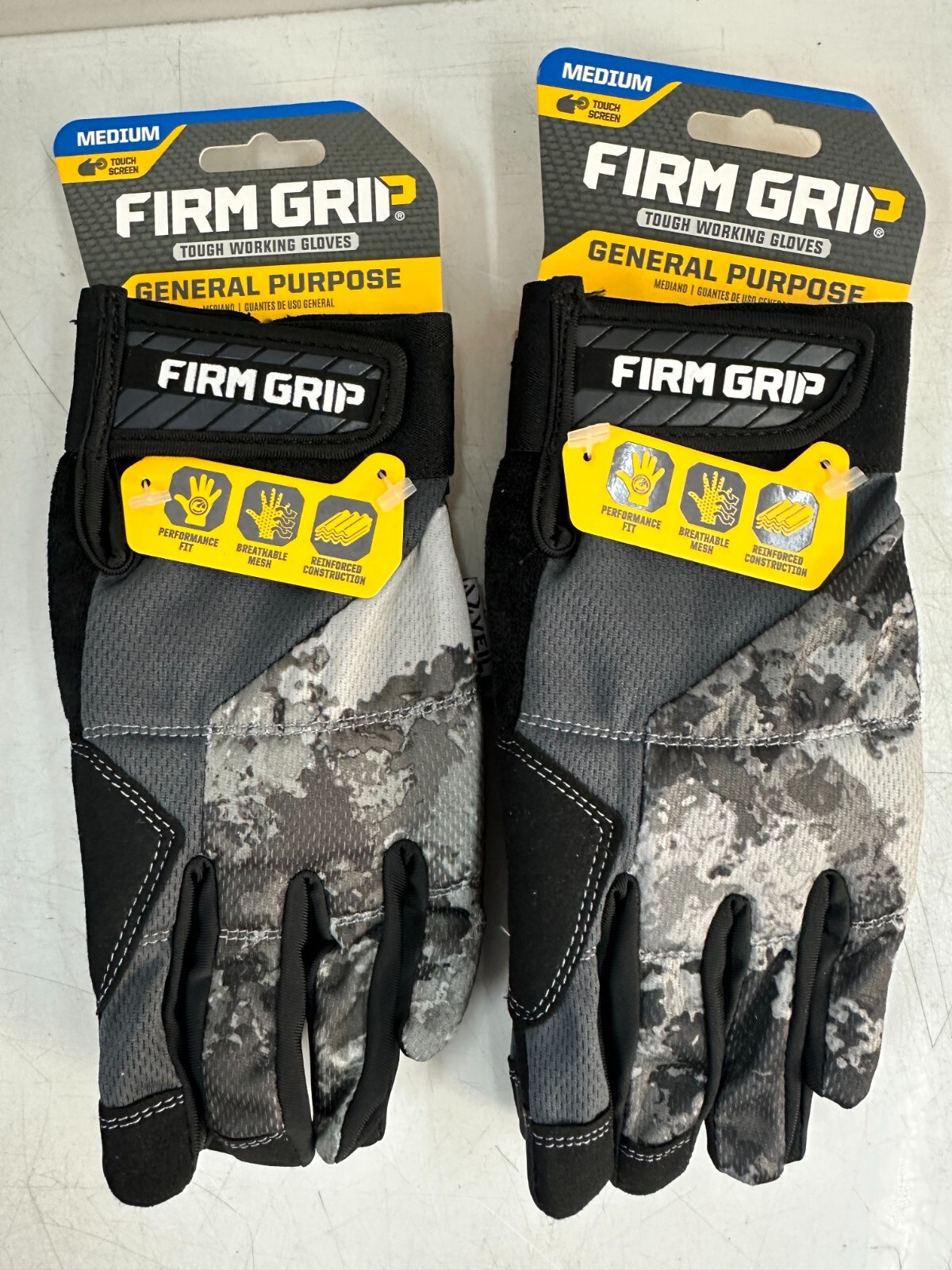 Firm Grip General Purpose Tough Working Gloves, Touch Screen, Camo -M- Lot of 2