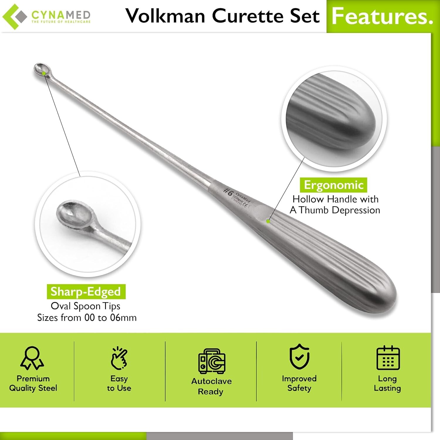 Cynamed Volkman Curette Set of 8 – Stainless Steel- Sizes: #00-#6