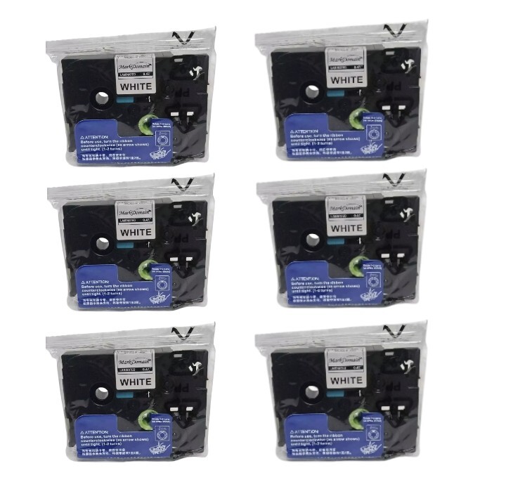 6x Mark Domain 12mm x 8m Black Ink White Laminated Label Tapes .47″ For Brother
