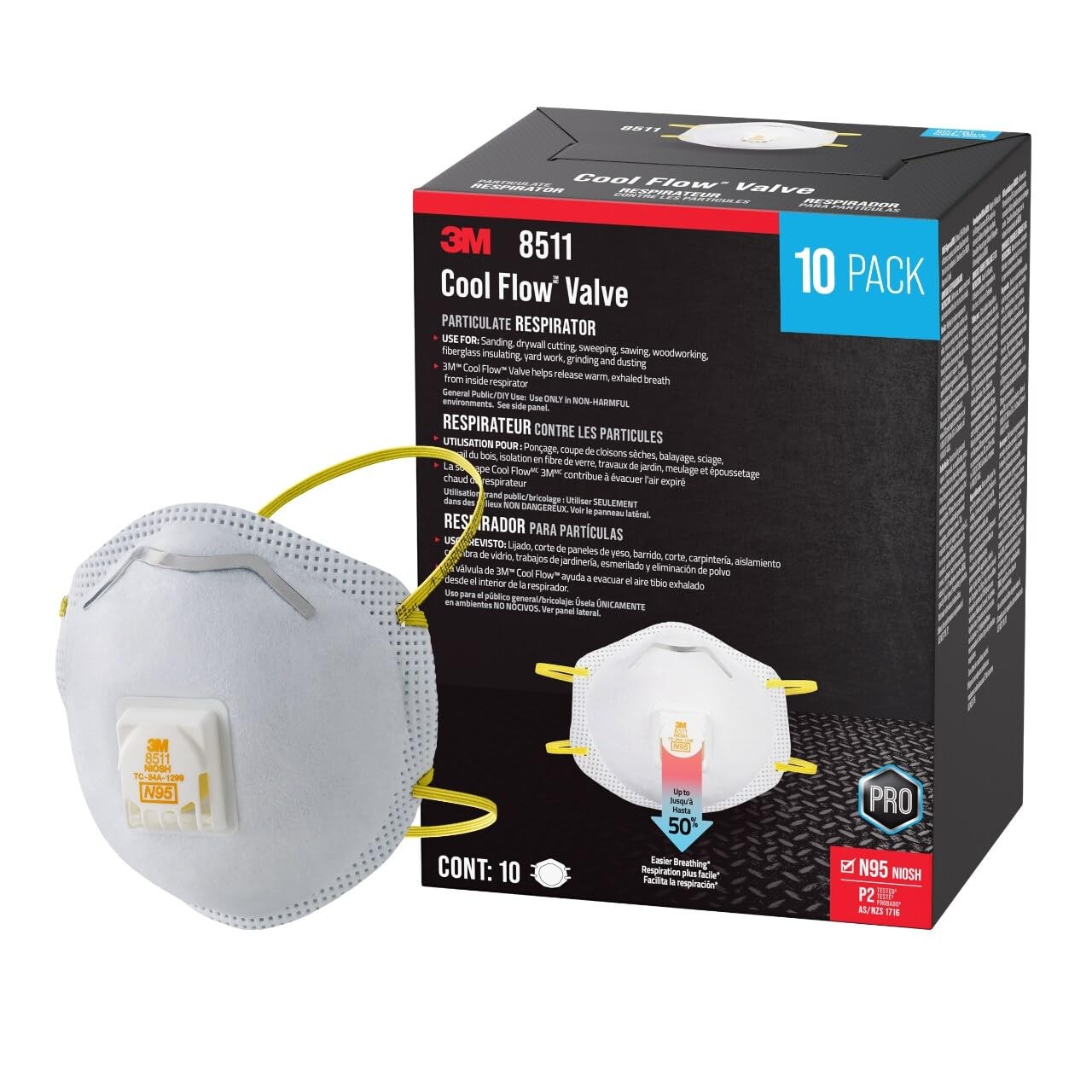 3M 8511 N95 Disposable Respirator Mask, Cool Flow Valve, 10 Pack