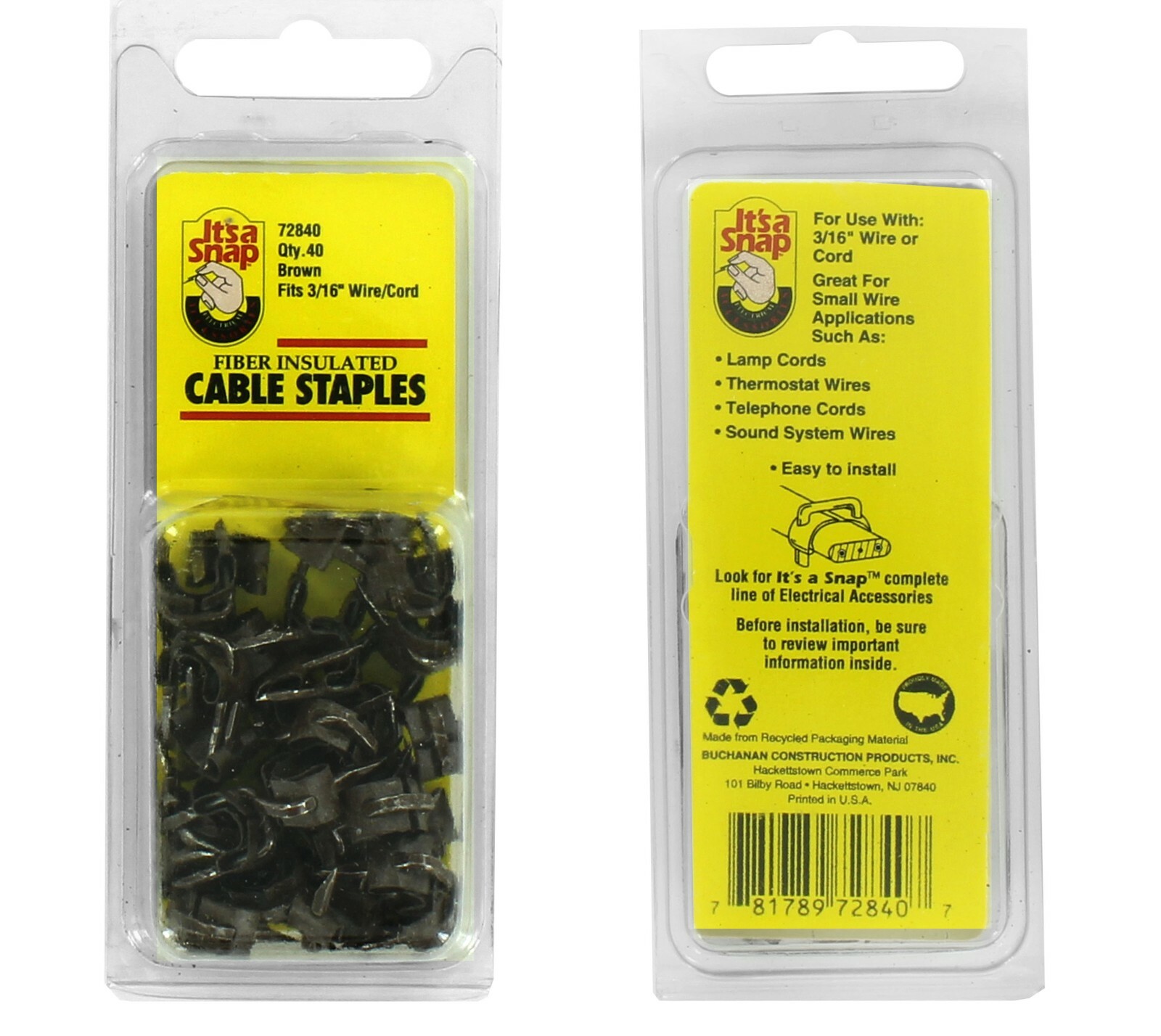 Insulated Cable Staples For 3/16″ Wire/Cord 72840 Qty 40