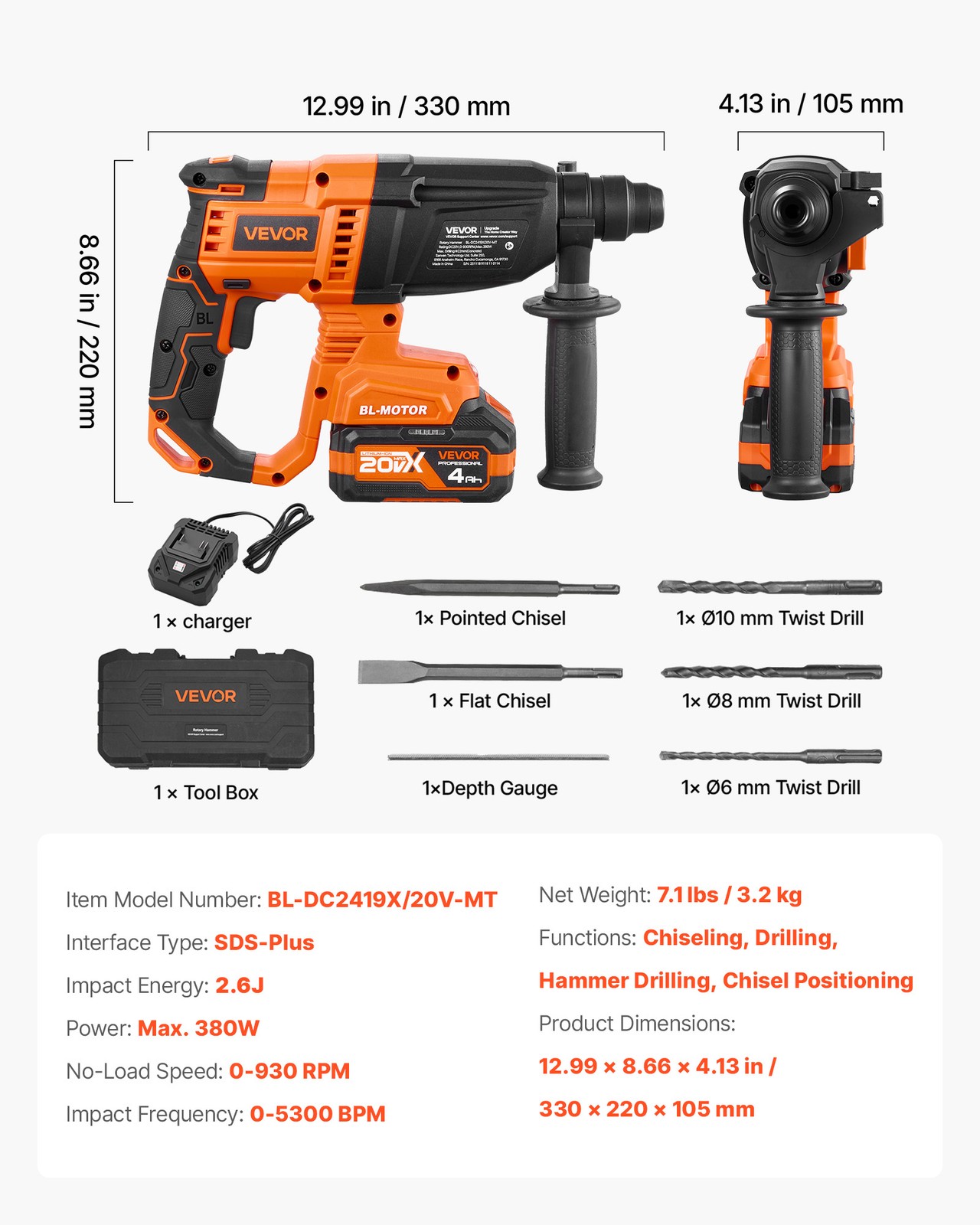 VEVOR Rotary Hammer Drill 7/8 in SDS-Plus Cordless 20V for Concrete and Masonry