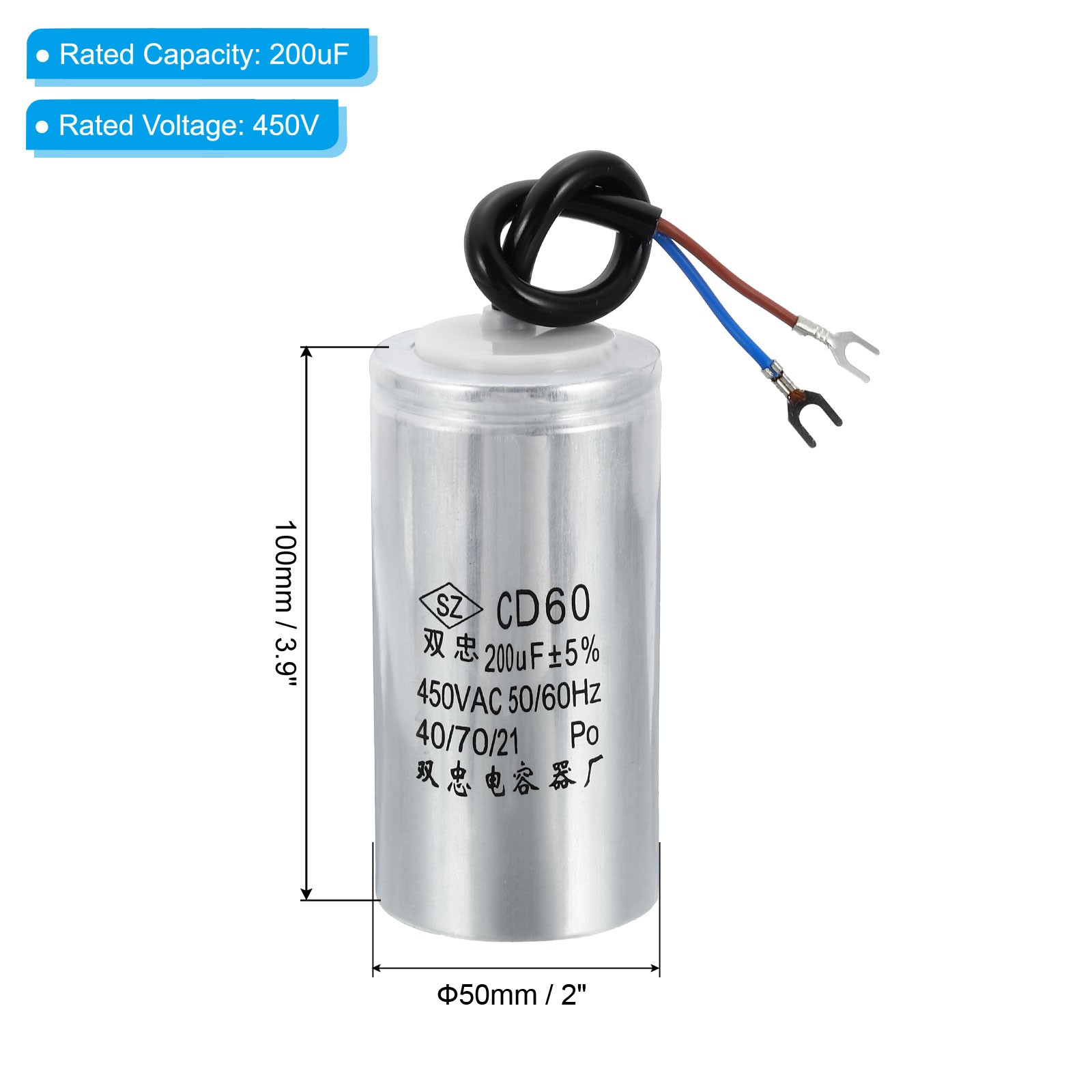2Pcs 200uF 450VAC 2 Wires 5% Tolerance 50/60Hz CD60 Run Capacitor