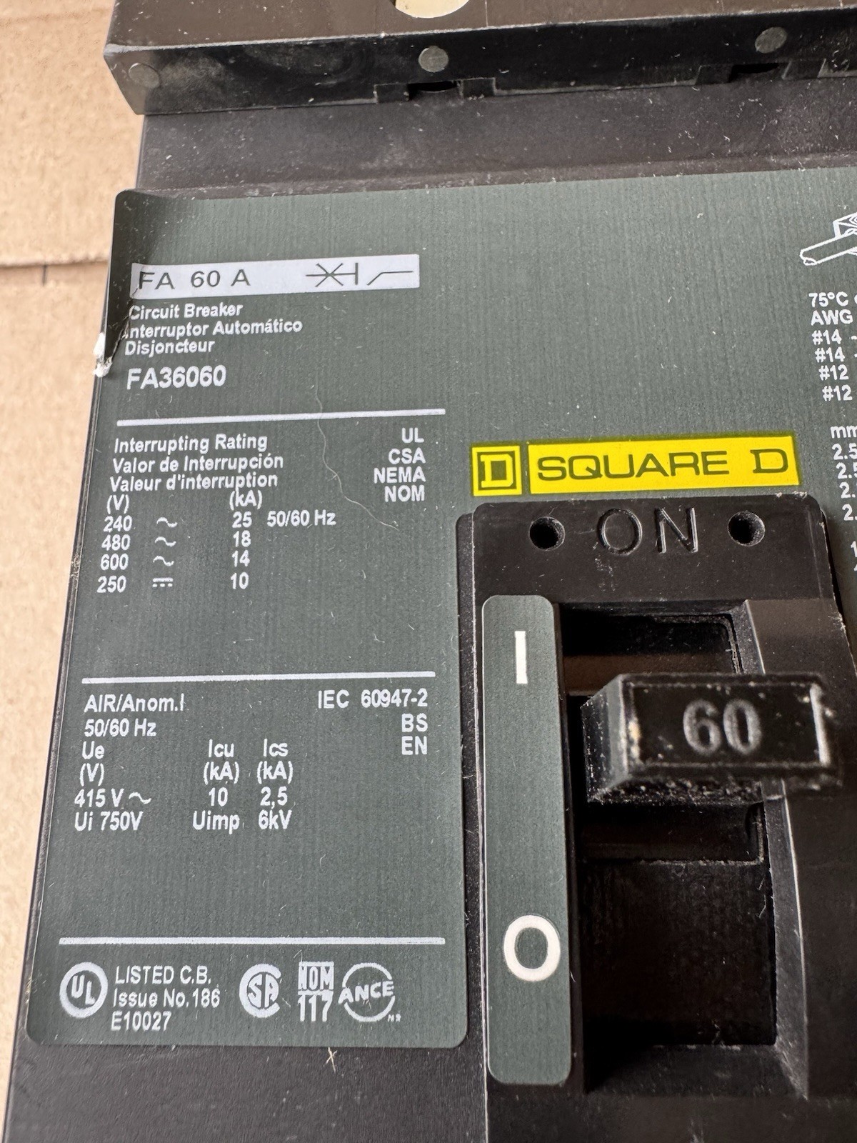 Square D FA36060 60 Amp 3 Pole 600V Circuit Breaker I Line 3P 60A NEW Open Box
