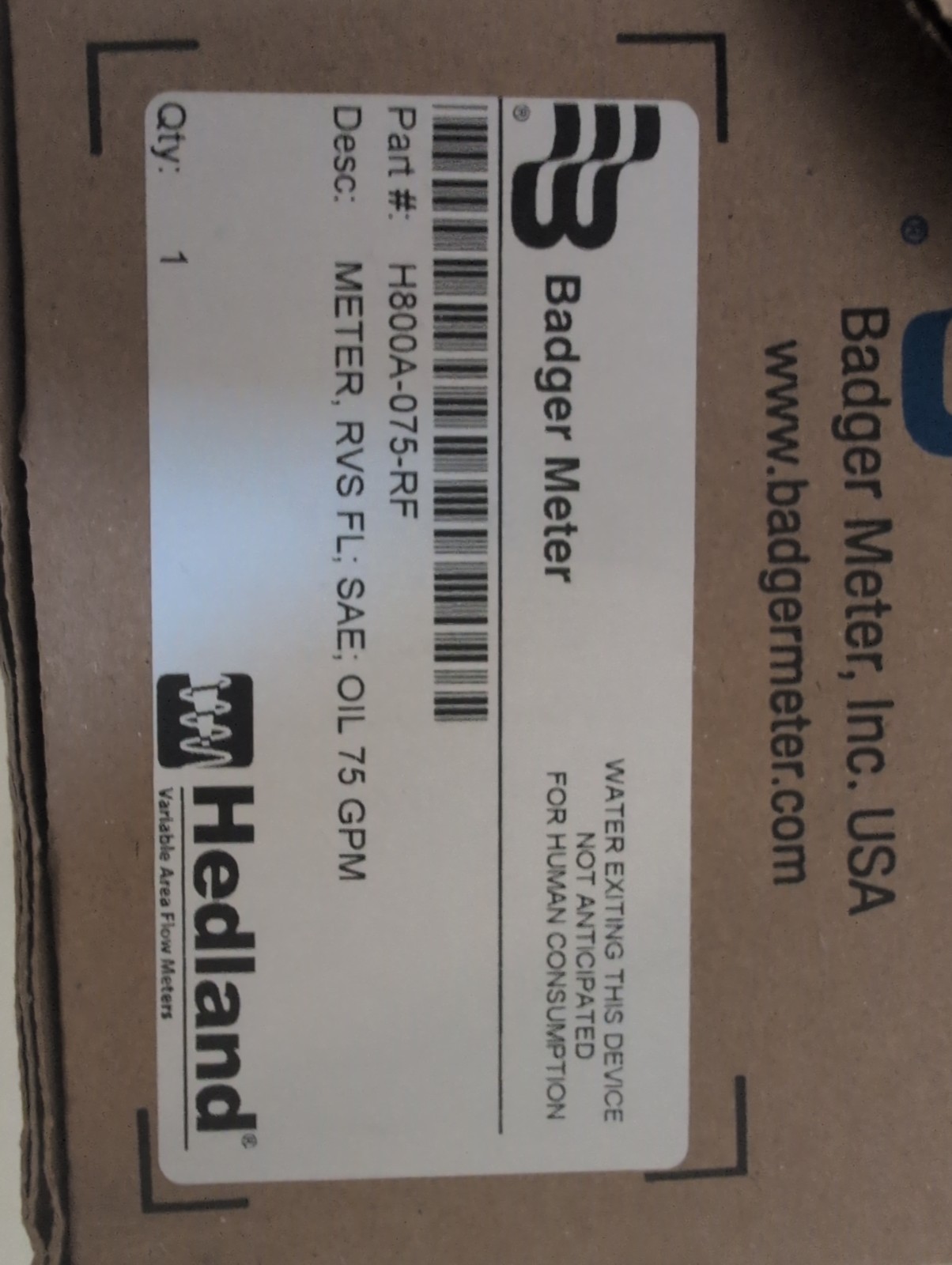 Badger Meter / Hedland H800A-075-RF – 75 GPM Hydraulic Flow Meter NEW Msrp 1000
