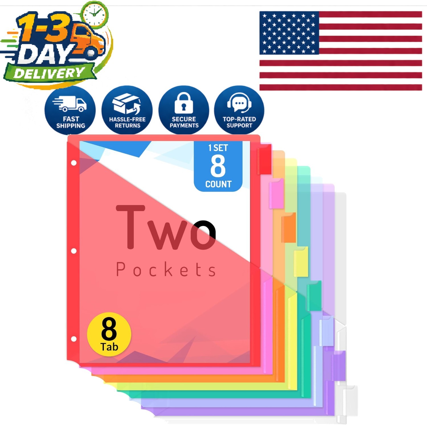 Set of 8 Durable Tab Dividers with Double Pockets for 3-Ring Organizers