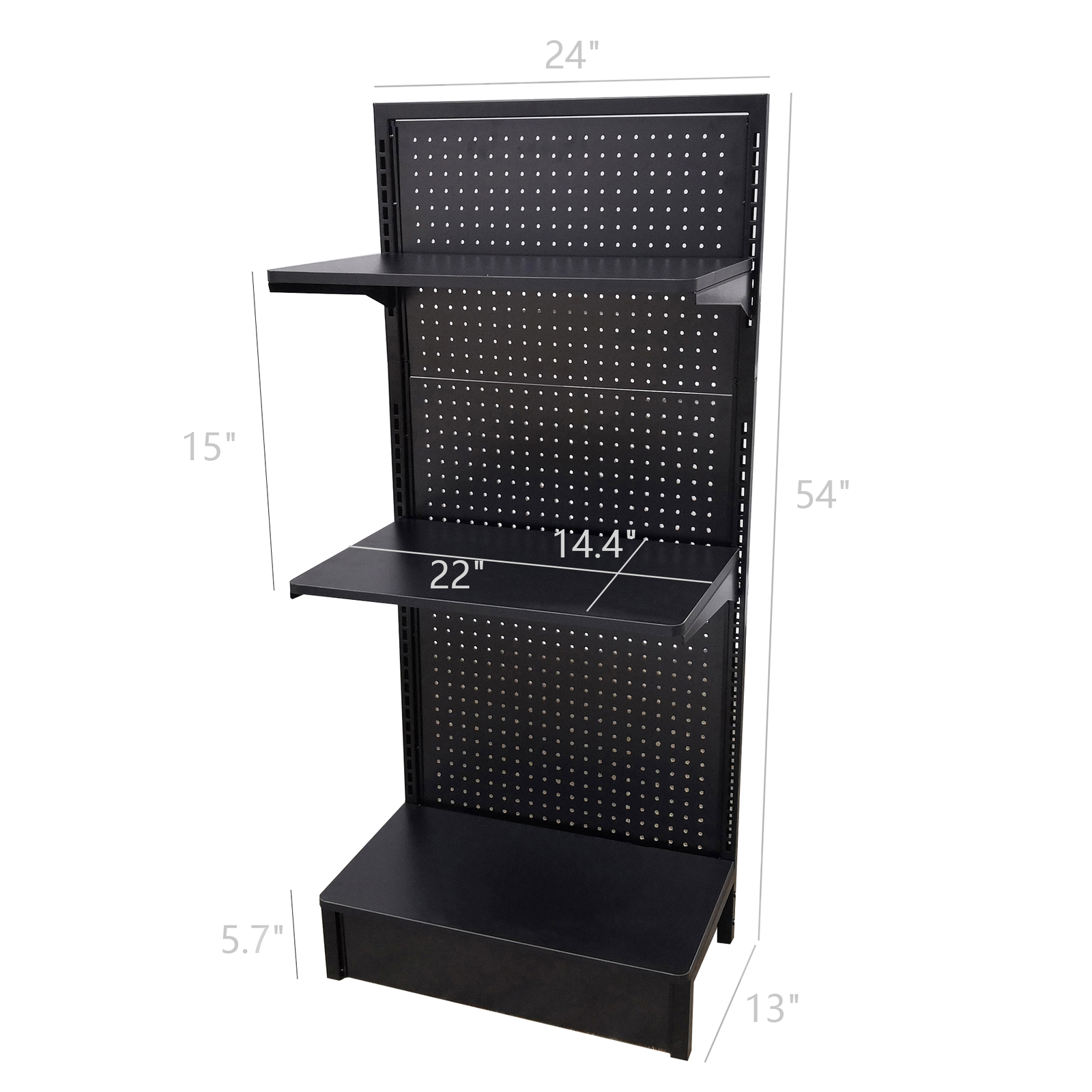 24.0″ Wide Gondola Rack Stand with Two Shelves Black Pegboard Display