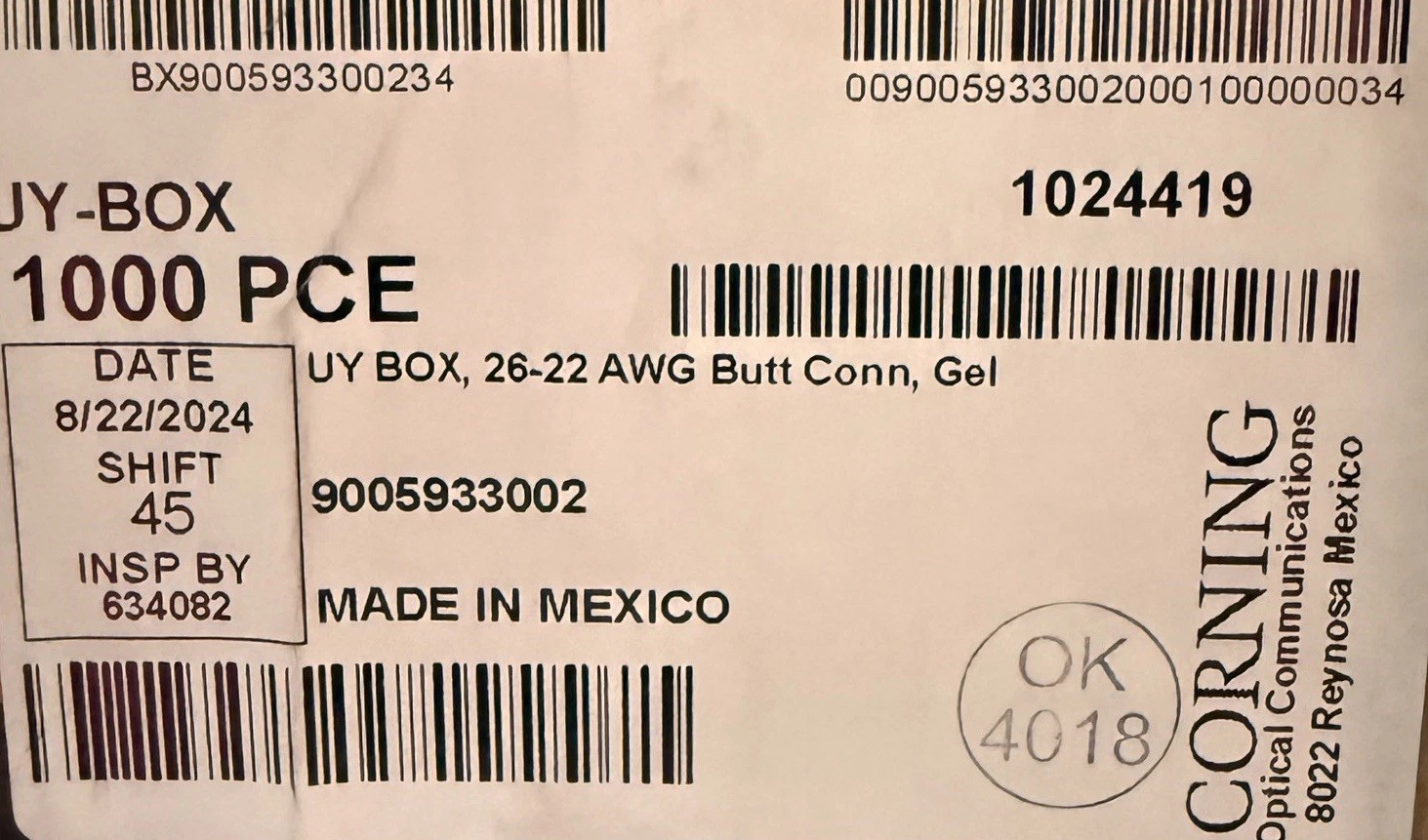 Corning UY2 Connectors Gel 26-22 AWG, 1000 per box. 18 boxes qty total 18,000